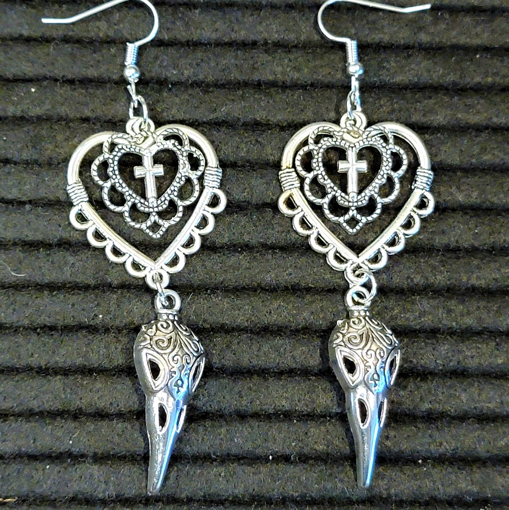 Love Doctor Earrings | Heart Cross Crow Skull Alloy | Anime Kawaii Kpop Emo Goth